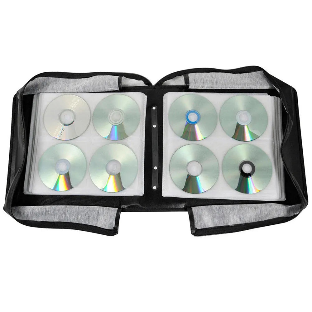 Black Oxford fabric CD DVD storage organiser binder bag with hand strap and zipper closure