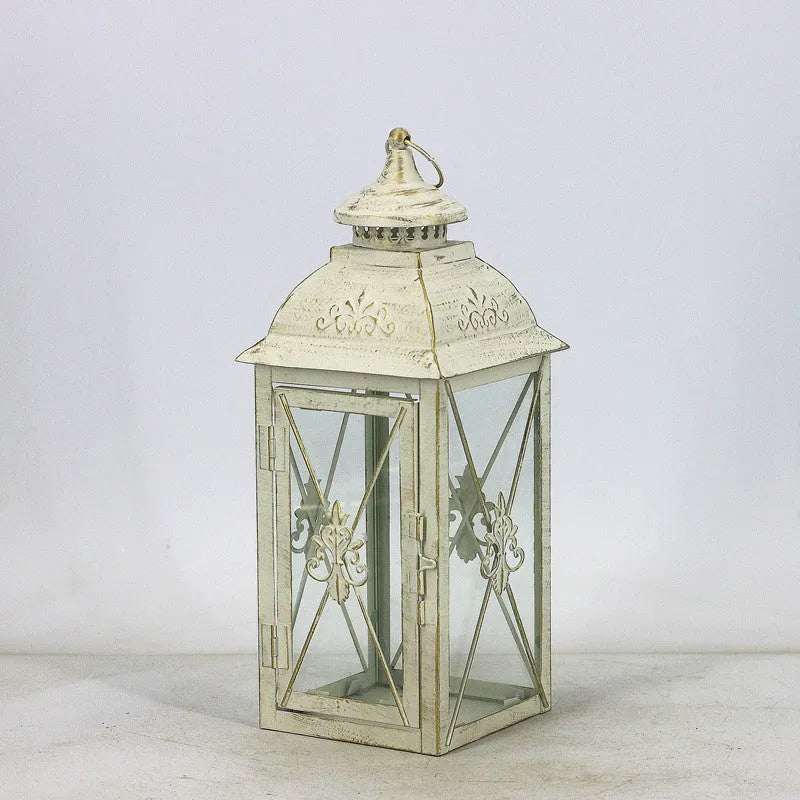 European style wrought iron floor-standing storm lantern with tempered glass panels for garden decoration