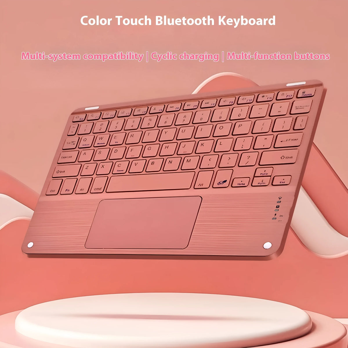 Square Hat Touch Bluetooth wireless keyboard shown in one of eight colour options on a desk.