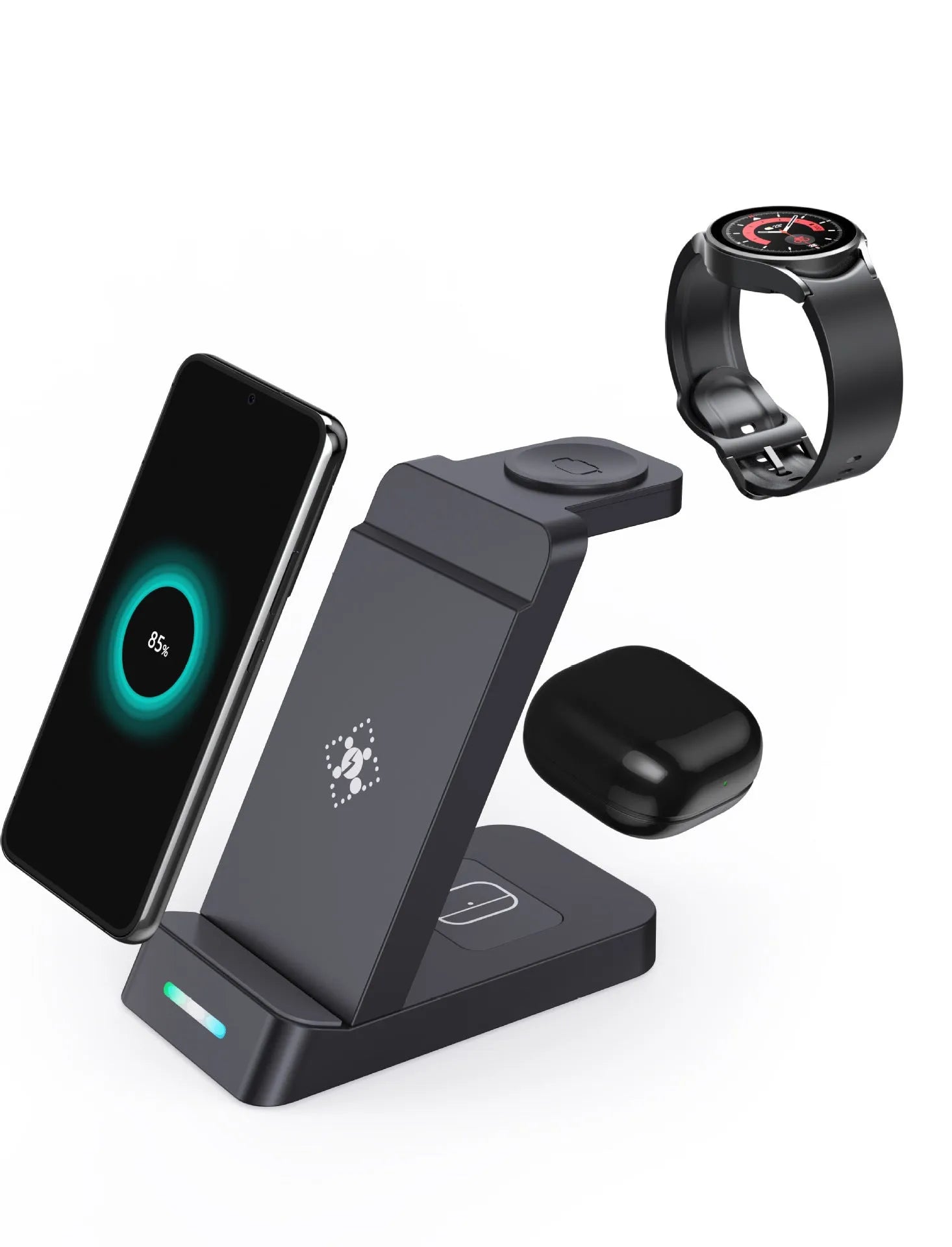 Black and white Da 65W 3-in-1 wireless charging stand showing phone, watch, and earbuds charging simultaneously.