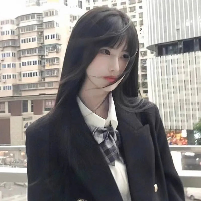 Long straight black synthetic wig with bangs, made from high temperature fibre for women.