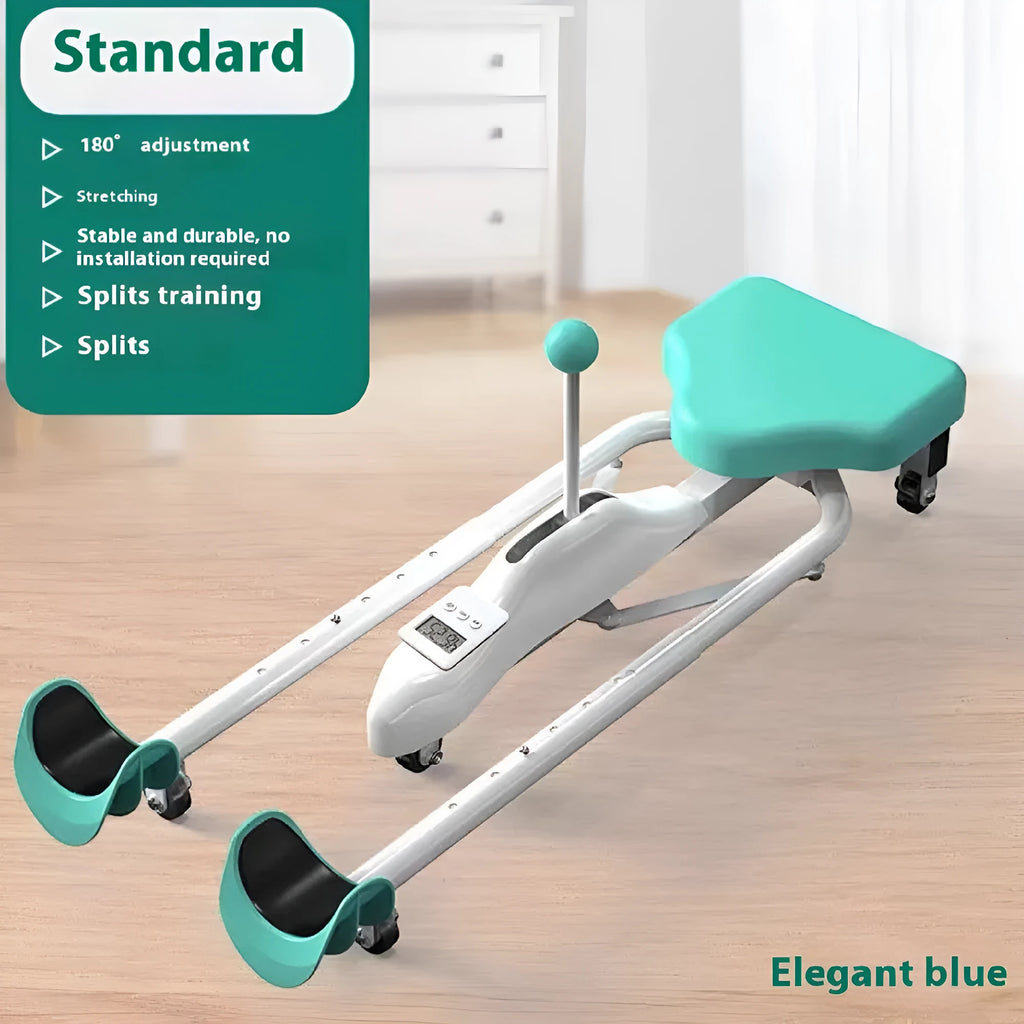 Pink and blue leg stretching machine with steel frame and foam padding, shown with and without a backrest.