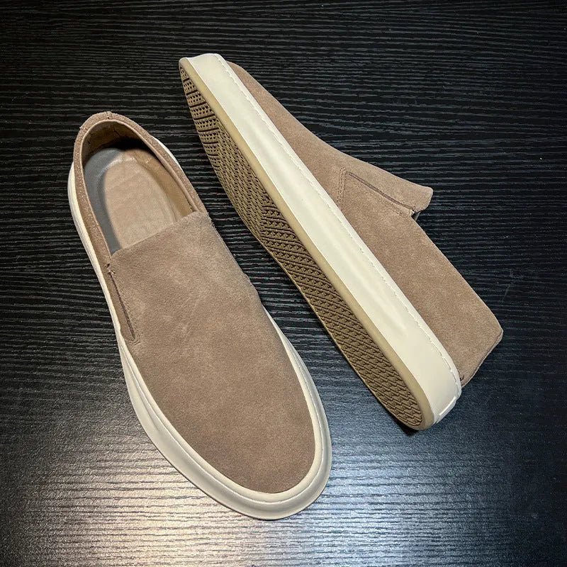 Men's gray and apricot casual shoes with round toe, PU upper, and sleeve design.