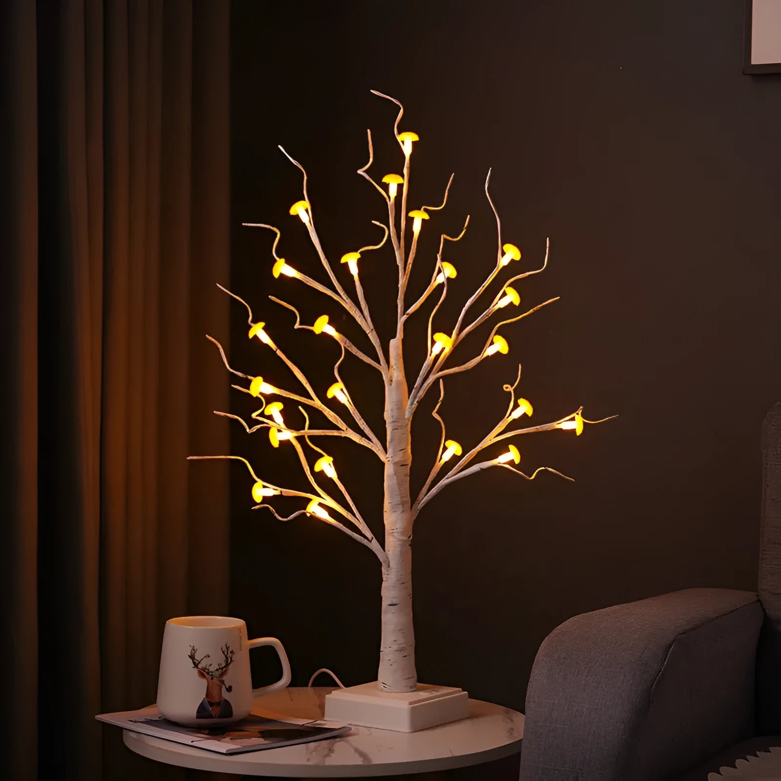 60 cm tall white mushroom tree lamp with warm LED lights and 24 small removable mushroom flowers