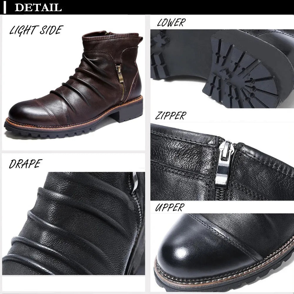 Men's black artificial PU cowboy boots with side zipper and round toe