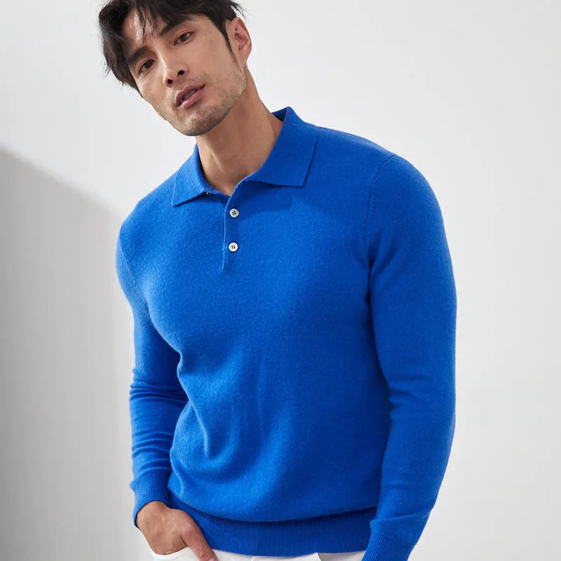 Men's cashmere pullover sweater with polo collar in sapphire blue colour option