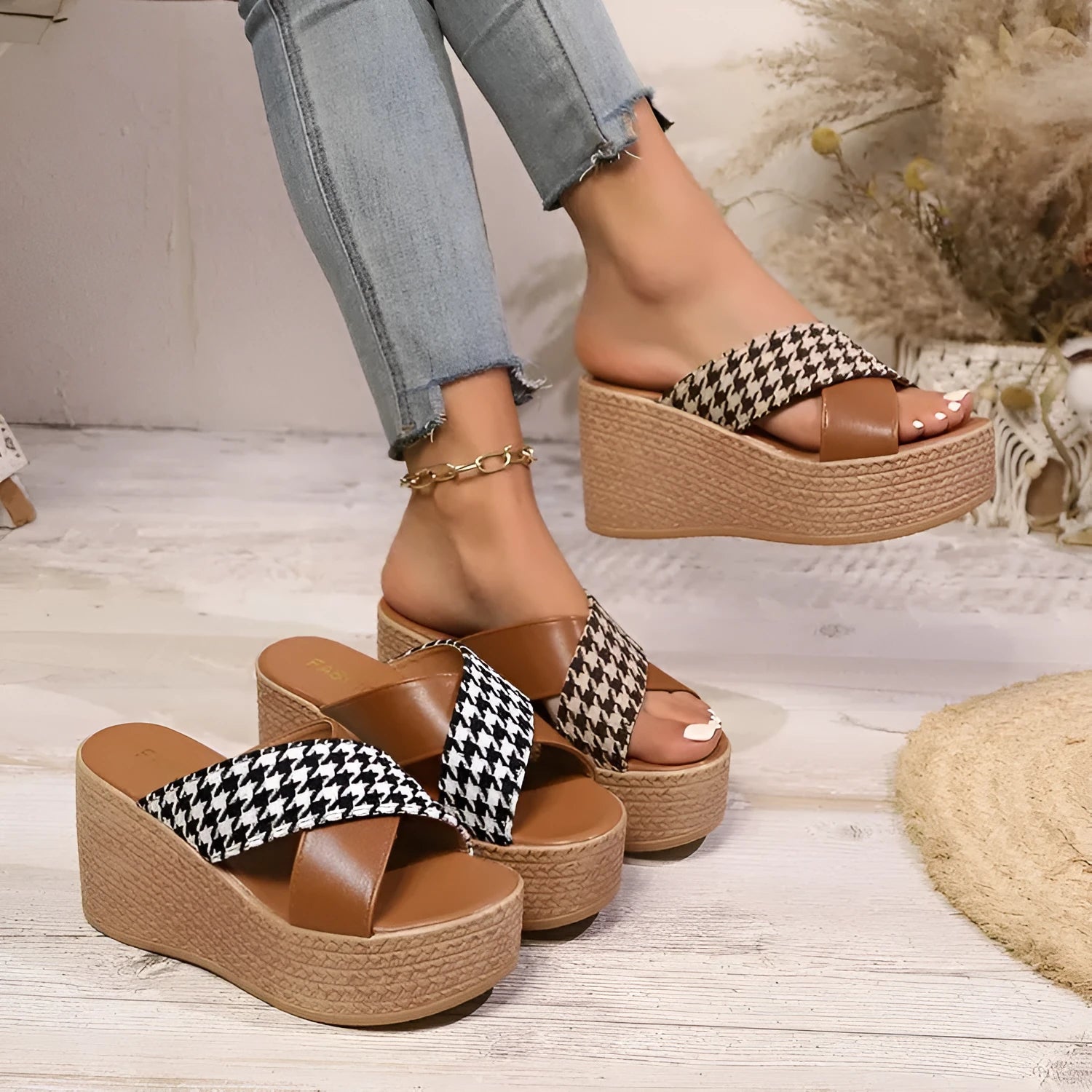 Brown plaid wedge sandals with cross leopard pattern and rubber sole