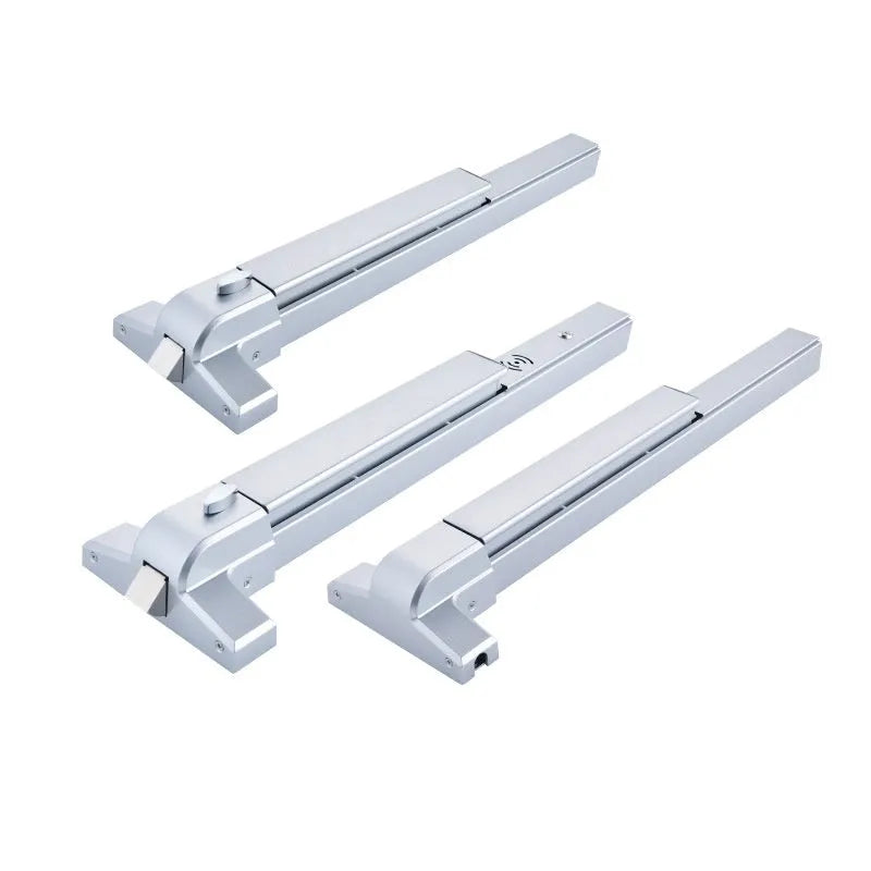 Stainless steel fire door push lock with an external handle on a 65cm wide door.