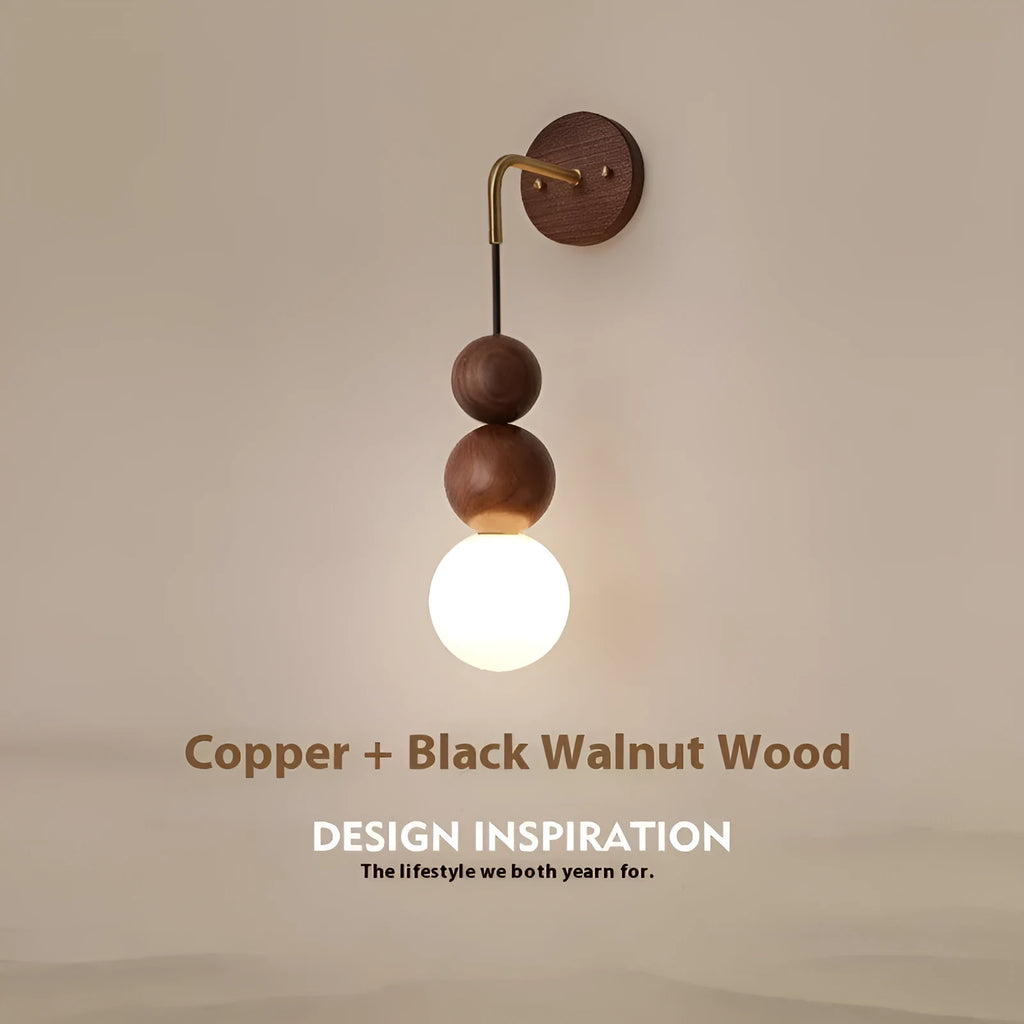 Wood and copper wall lamp with circular shade for living room or bedroom lighting