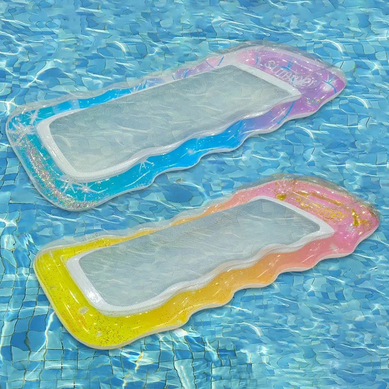 PVC inflatable floating row in gradient colours, available as recliner, canopy float, or sequined fruit design