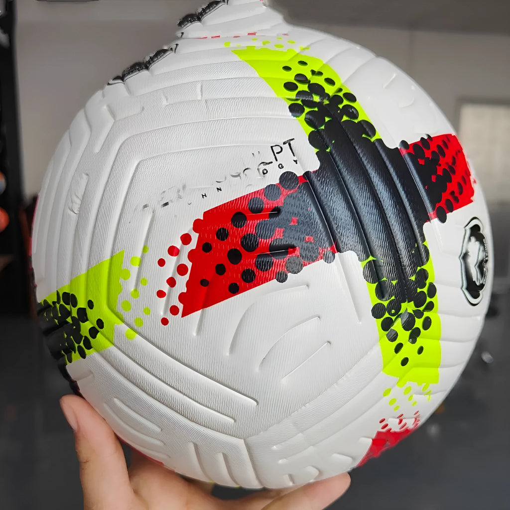 Fluorescent green Size 5 football with seamless thermal adhesive patch construction.