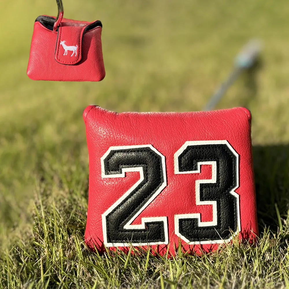 Set of four PU golf club headcovers for driver, fairway woods, hybrid, and putter in assorted colours.