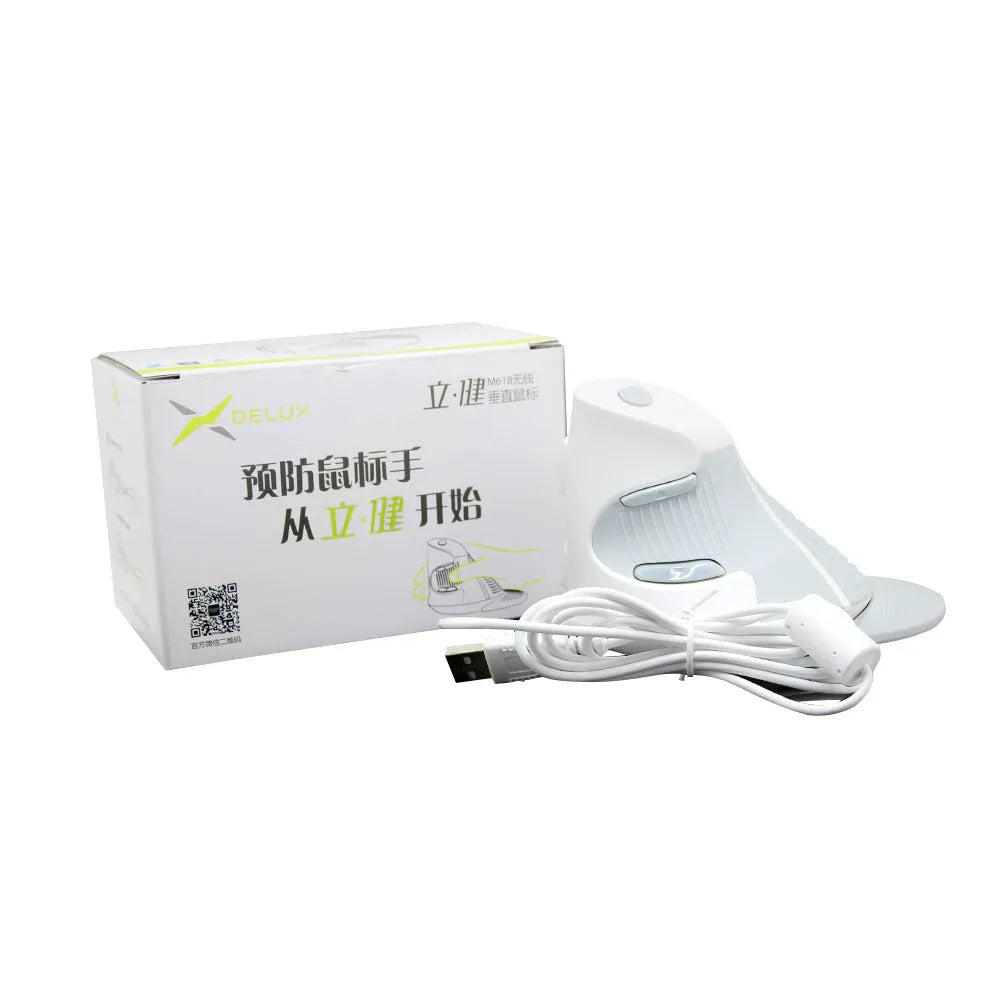 Ergonomic vertical optical mouse in black and white colours with wired USB connection