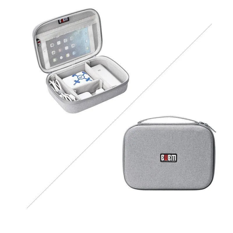 Black and grey EVA digital storage organiser bag for headphones and tech accessories, showing single and double layer options.
