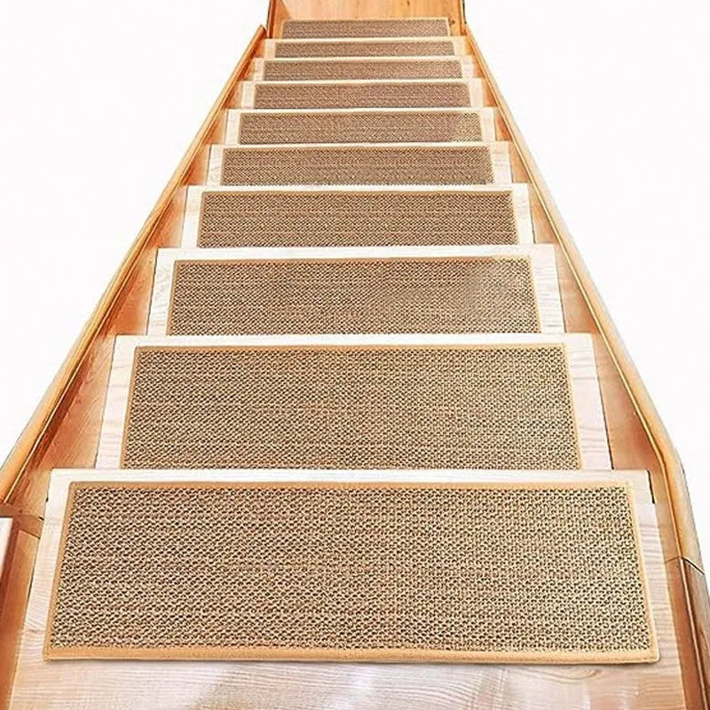 Japanese-style solid colour linen-look stair mat with rubber backing on a wooden step.