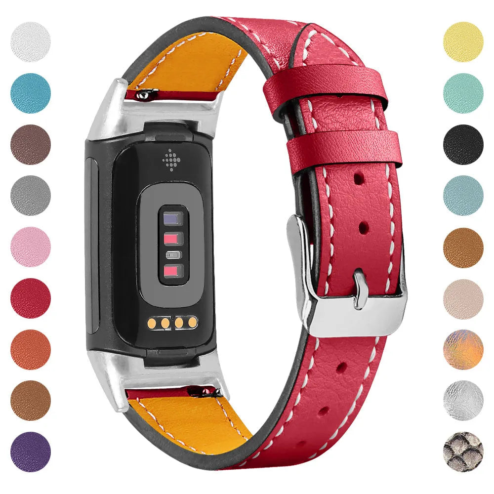 Genuine cowhide leather replacement strap with buckle clasp for Fitbit Charge 5 and Charge 6 smartwatches.