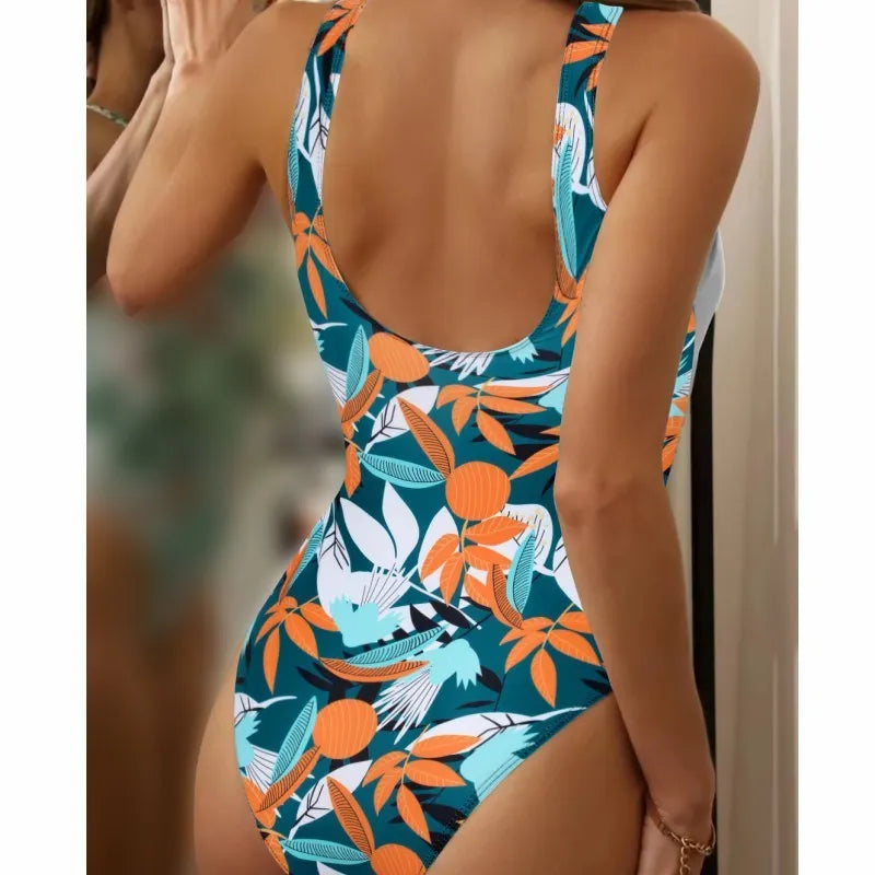 Women's high waist one-piece bikini swimsuit with printed pattern and quick-drying polyester fabric