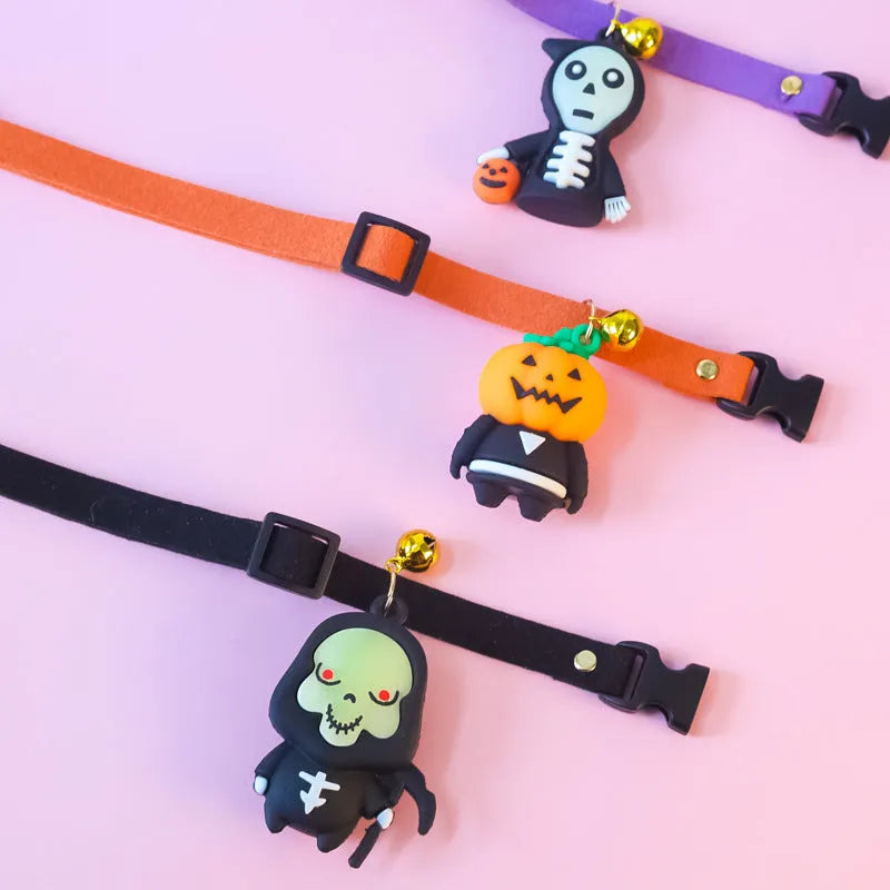 Halloween dog collar decoration in polyester with cartoon Pumpkin Man, luminous brat, and luminous skull designs.
