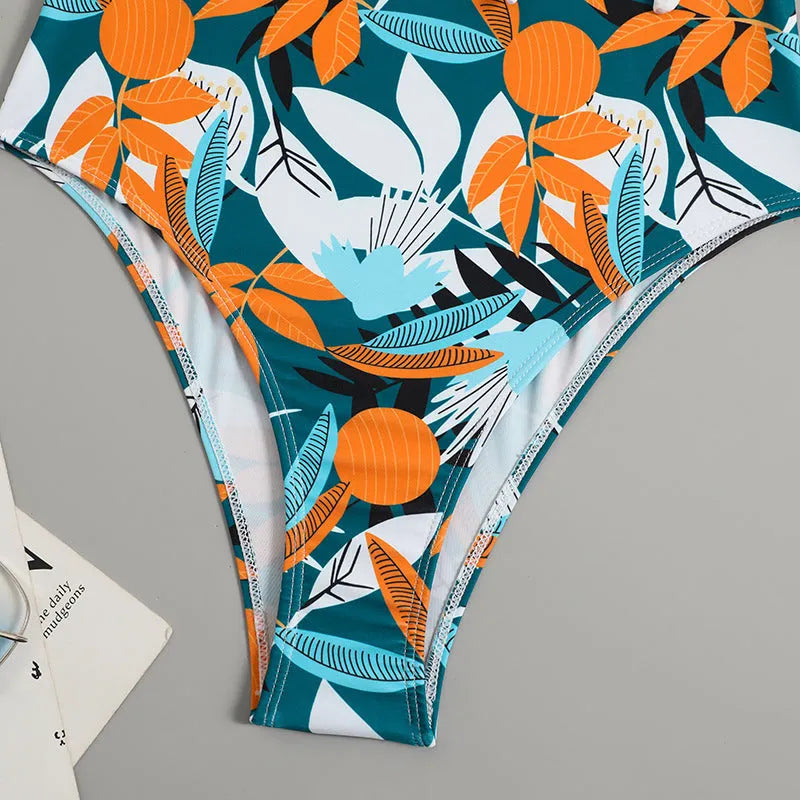 Women's high waist one-piece bikini swimsuit with printed pattern and quick-drying polyester fabric