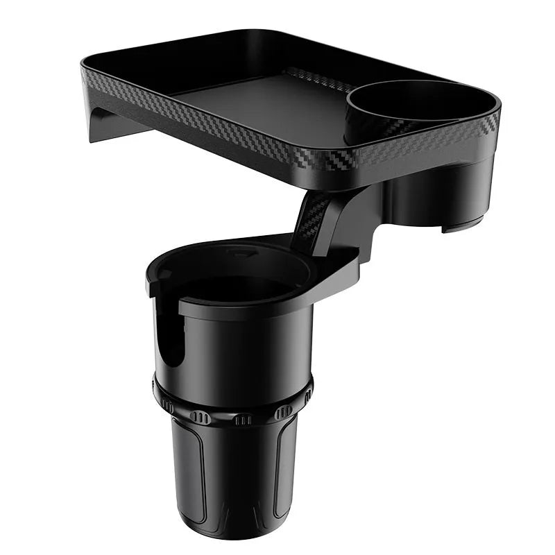 Black ABS car-mounted rotating tray with cup holder and dinner plate surface.