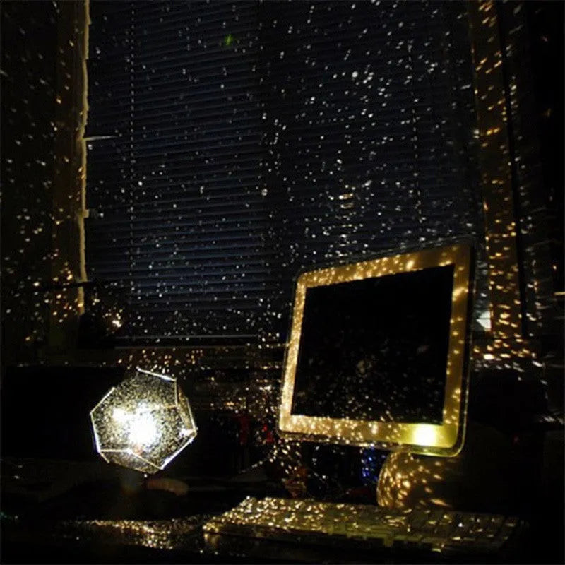 LED star projector night light showing constellation projection on bedroom ceiling with remote control