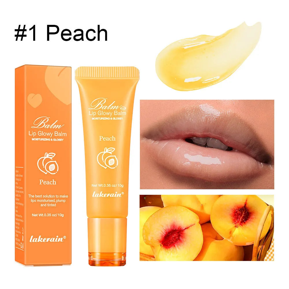 Women's lip gloss in berry, grape, grapefruit, and yellow peach flavour options.