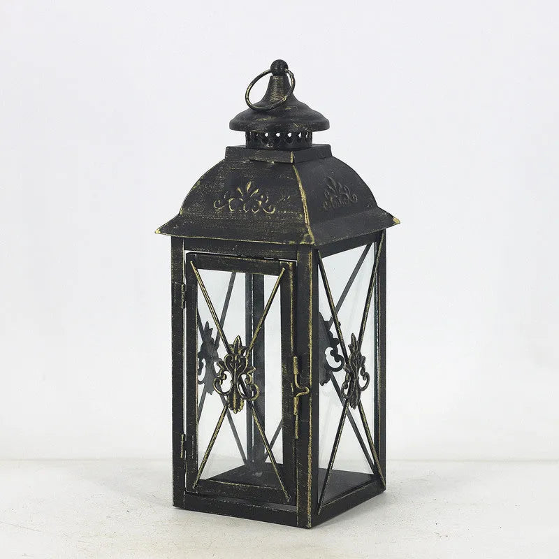 European style wrought iron floor-standing storm lantern with tempered glass panels for garden decoration