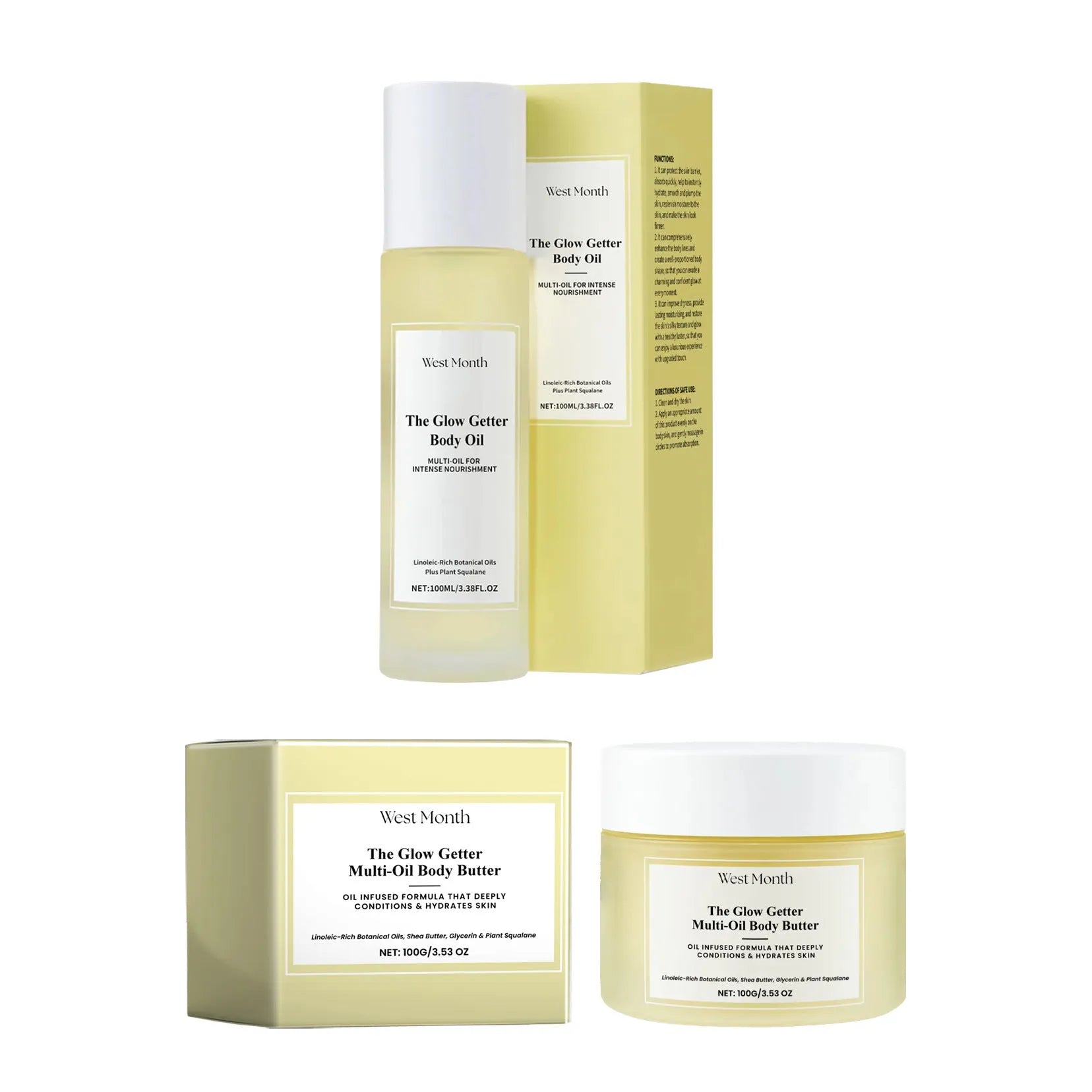 Body care kit with 100g moisturising cream jar and 100ml skincare oil bottle