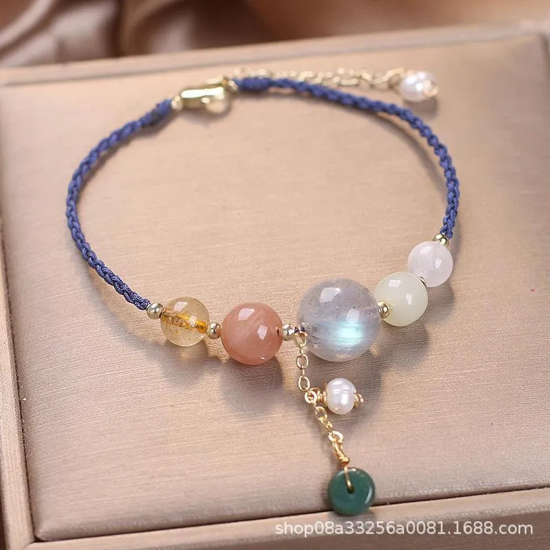 Hand-woven peace buckle bracelet with crystal beads and sequins in red, green, or blue colour options