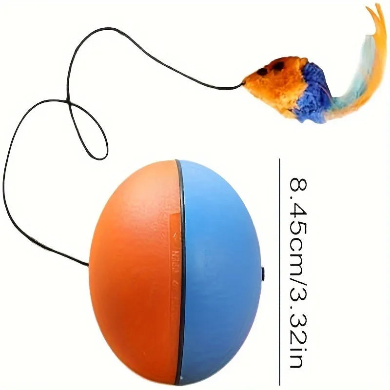 Blue and orange interactive cat toy ball with plush mouse attachment