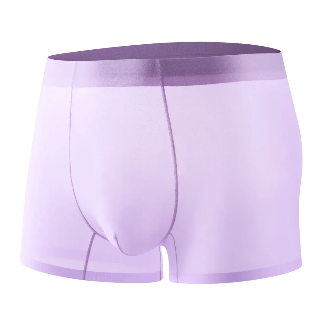 Men's solid colour ice silk seamless boxer briefs in white, shown flat.