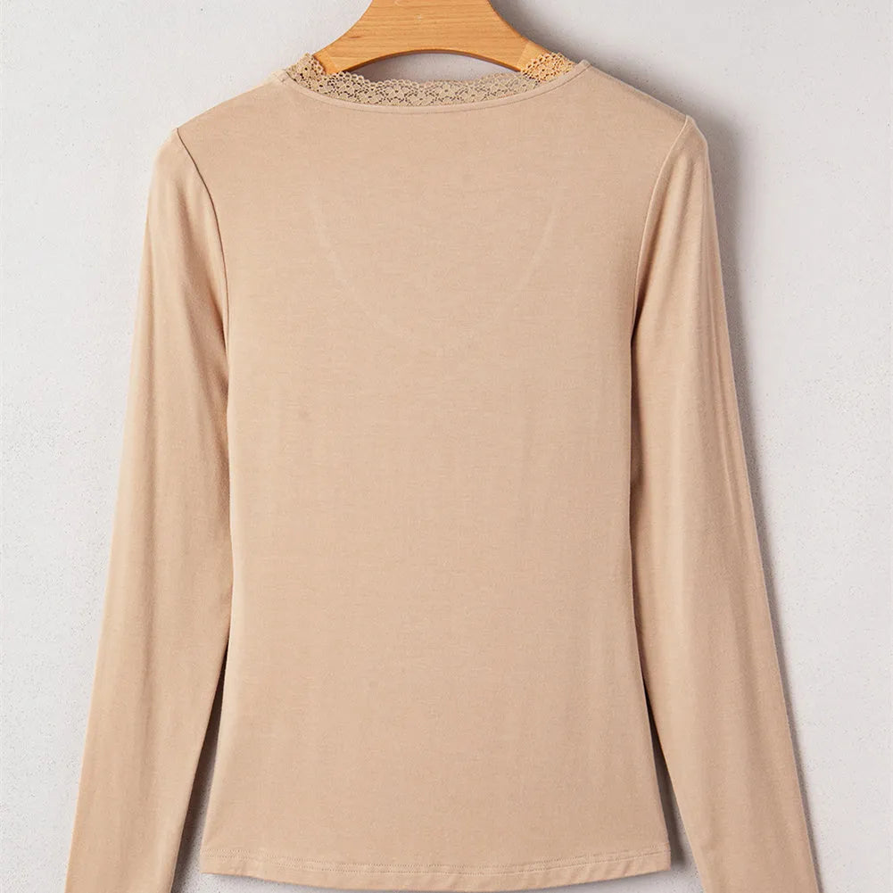 Women's red long sleeve casual top with lace trim detail, slim fit.