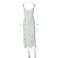 Blue lace floral print long dress with suspender straps and a thigh-high slit