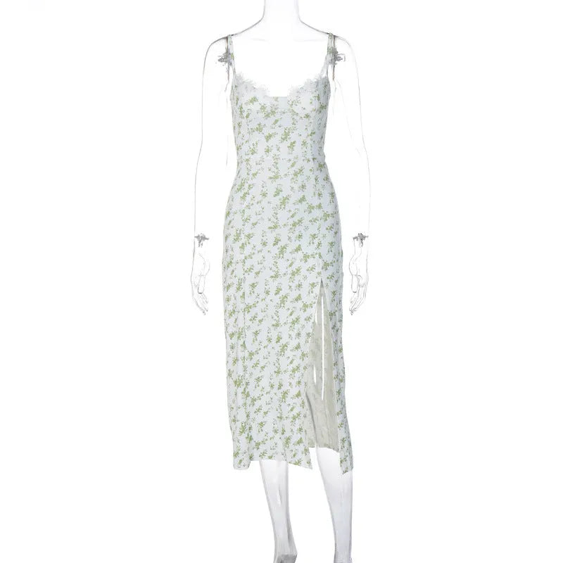 Blue lace floral print long dress with suspender straps and a thigh-high slit