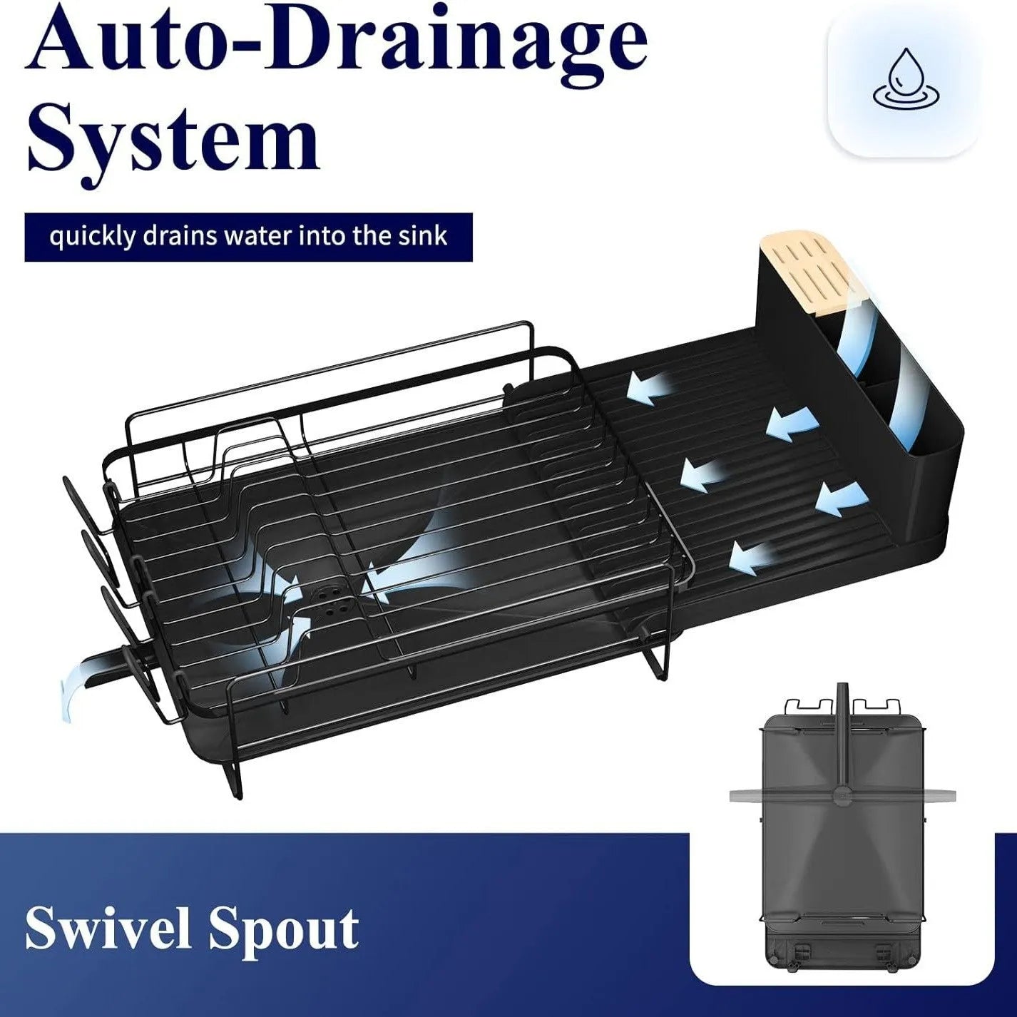 Retractable kitchen dish drain rack with cutlery and cup holder in carbon steel