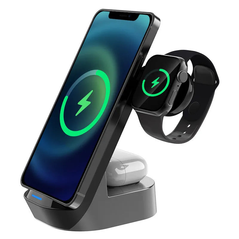 Black grey foldable 3-in-1 wireless charging stand with phone, headphone, and watch charging stations