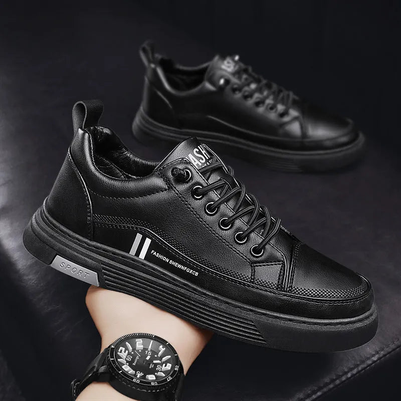 Men's black and white microfiber skateboard shoes with elastic band fastening and rubber soles