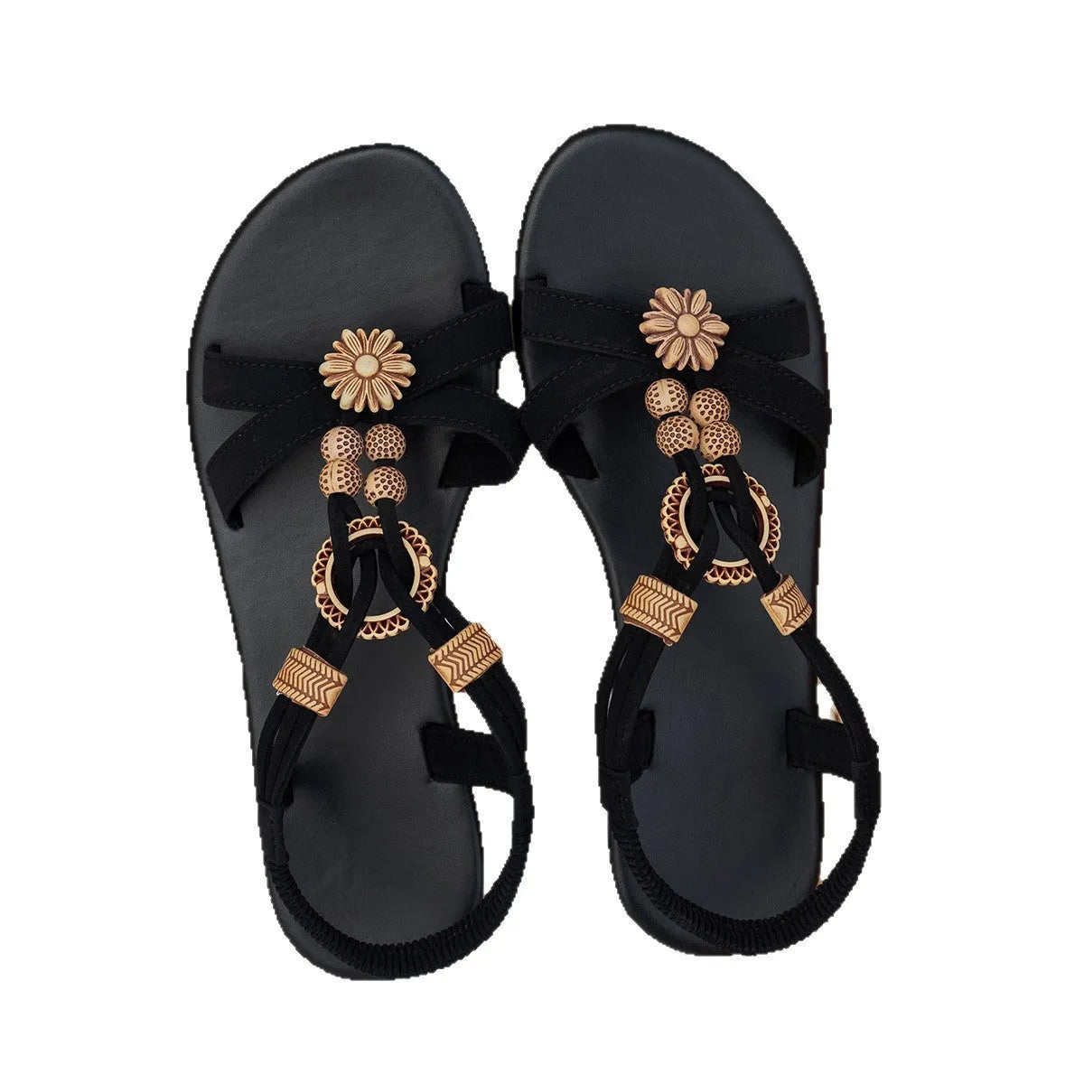 Black women's ethnic beaded weave open toe beach sandals with elastic band and decorative rhinestones