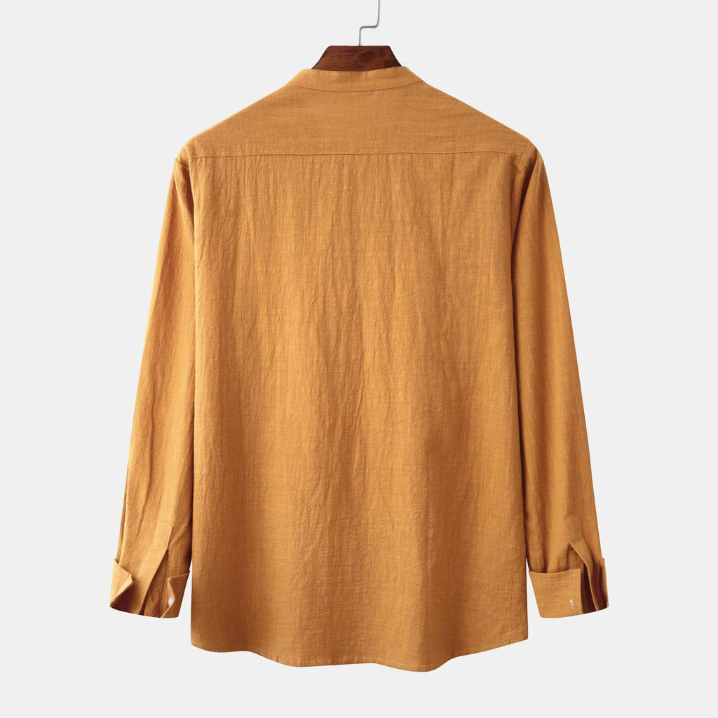 Men's brown cotton blend long sleeve shirt and casual pants set with slim solid colour design