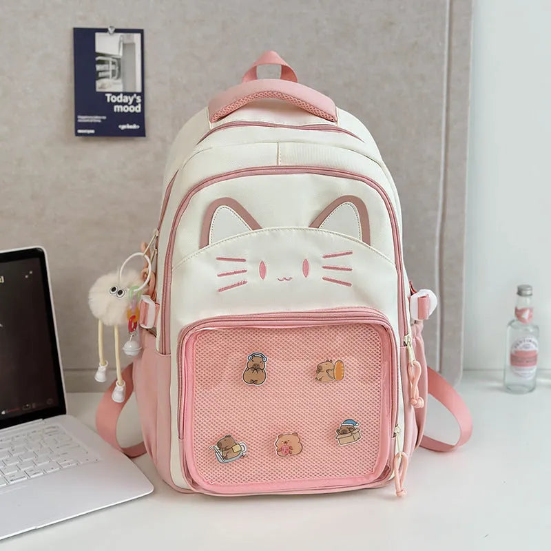 Korean cartoon anime style large capacity nylon backpack in various colours with curved shoulder straps.