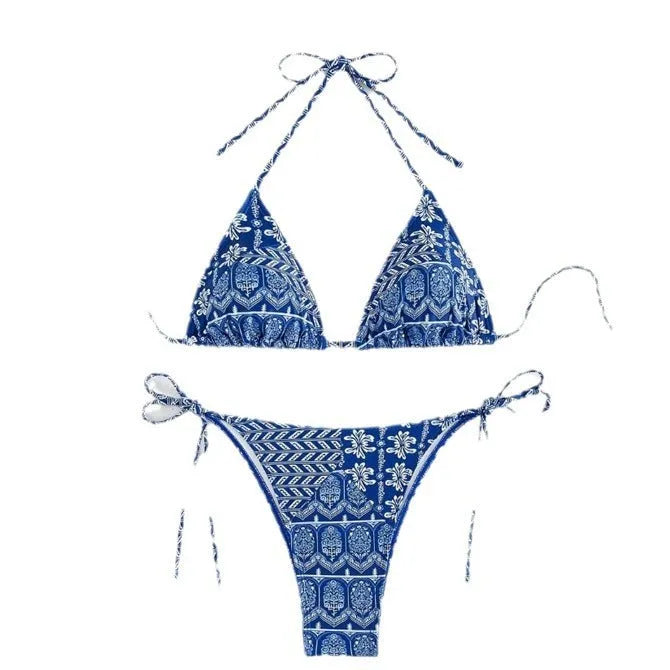 Women's green bandage style bikini with printed stitching on a briefs bottom.