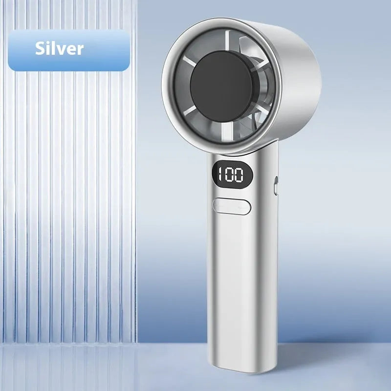 Handheld USB fan with six plastic blades showing variable speed control and available in four colours