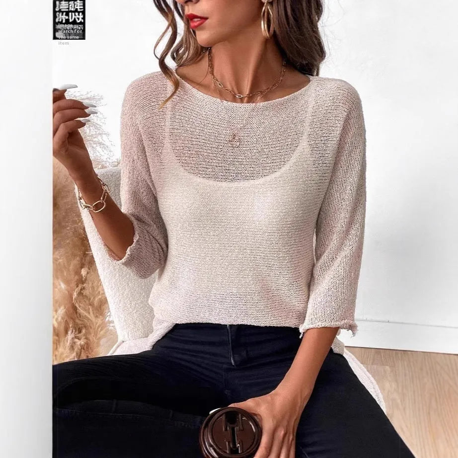 Women's off-shoulder knit top in thin polyester fabric with 3D pattern and 3/4 sleeves.