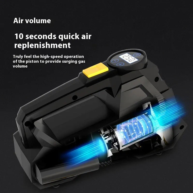 Black portable 12V car tyre inflator with digital display and LED light on hose.