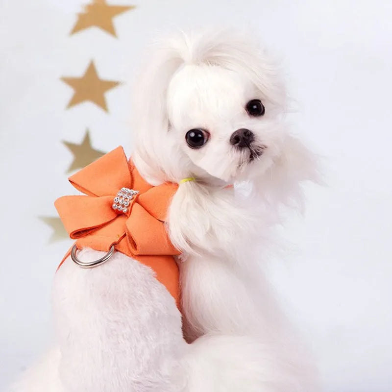 Colourful puppy chest strap harness with bowknot design in microfiber material