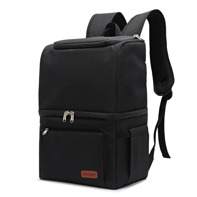 Blue insulated waterproof picnic backpack with double-layer construction and ice pack compartment