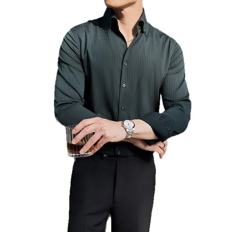Men's dark stripes V-neck long sleeve casual shirt in chemical fibre blend fabric