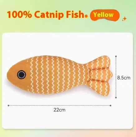 Blue, red, and yellow fish-shaped cat toys in large and medium sizes on a white background.
