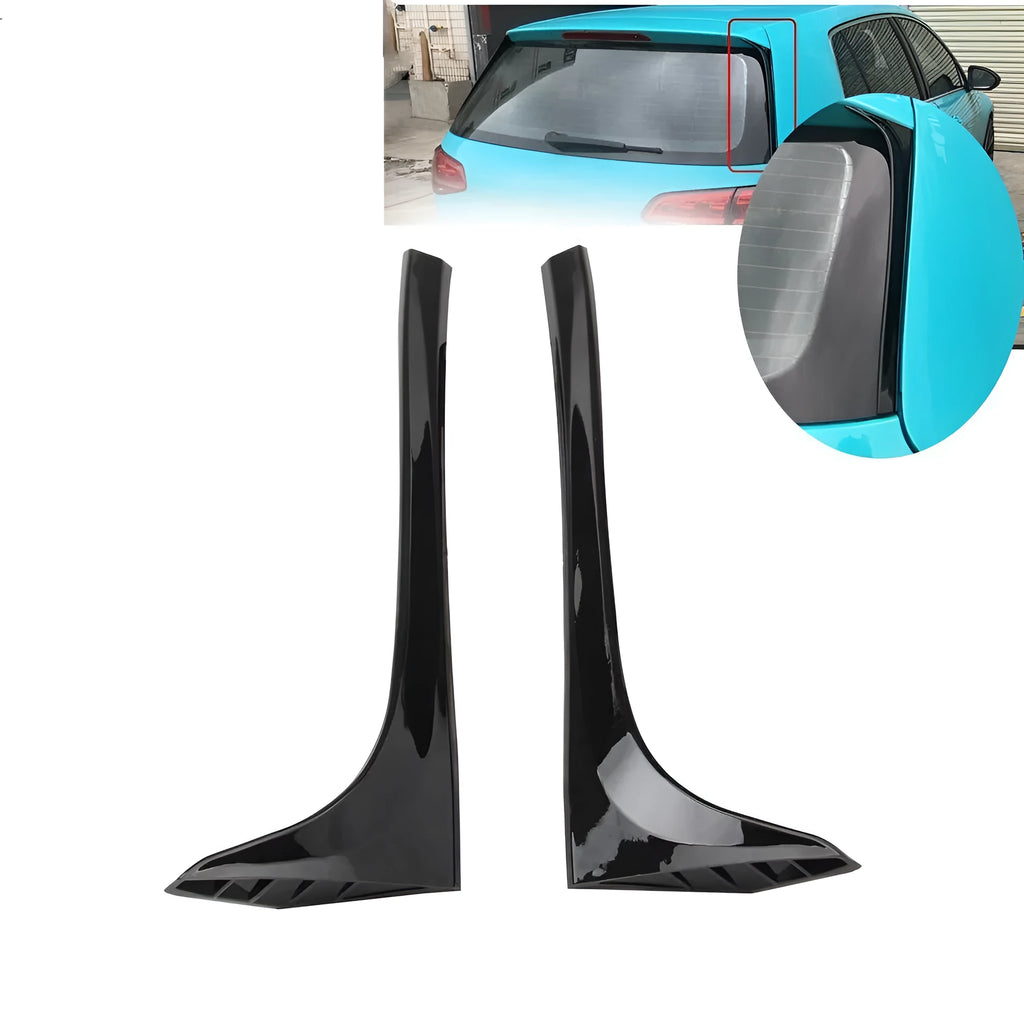 Glossy black ABS plastic rear window spoiler wing for Volkswagen Golf 7 MK7, shown with adhesive mounting tape.