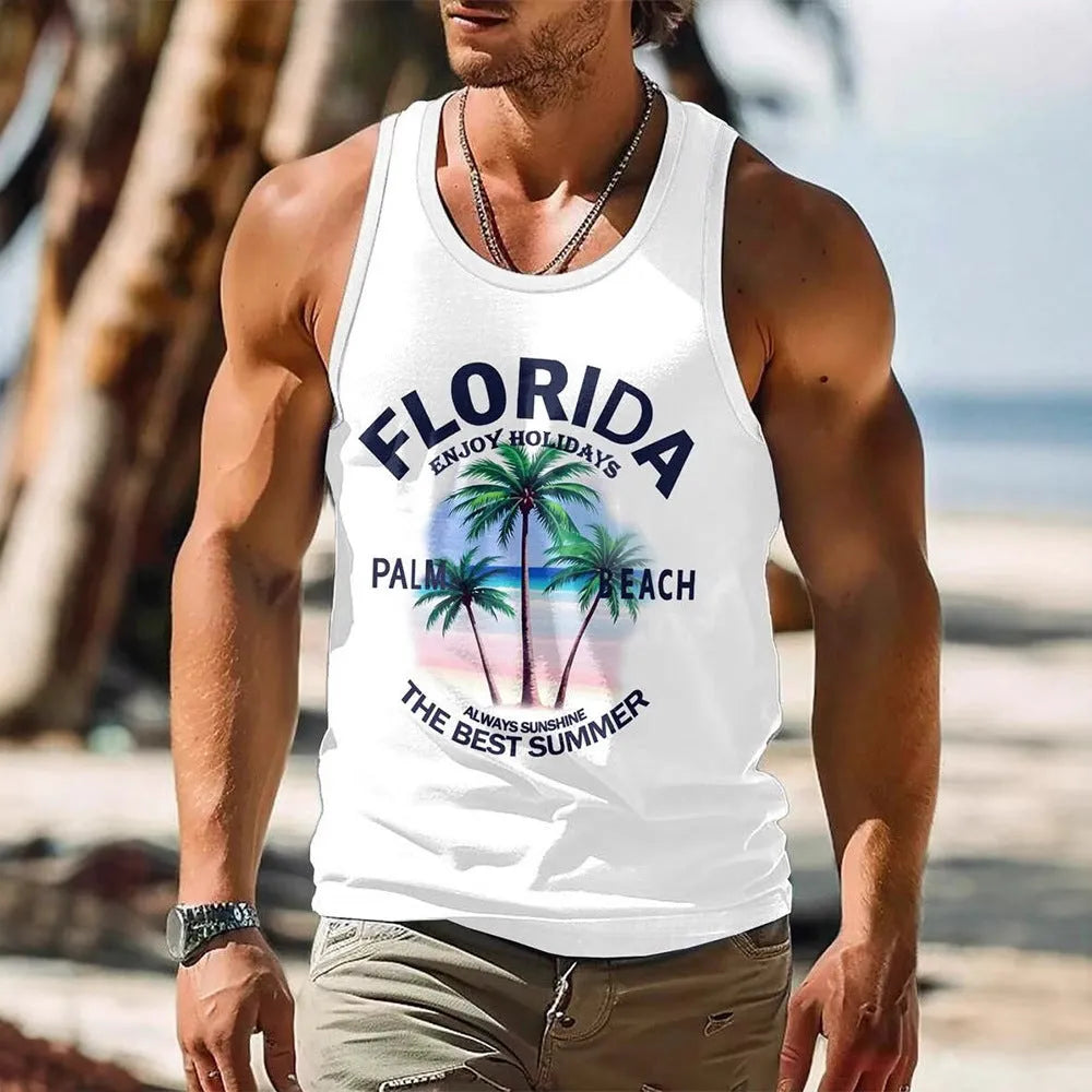 Men's 3D printed Hawaiian-style sleeveless vest in solid colour polyester pinhole cloth
